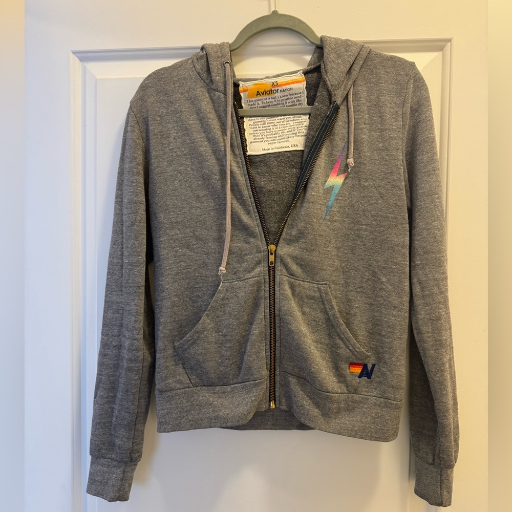 Aviator Nation Gray Hoodie with Colorful Lightning